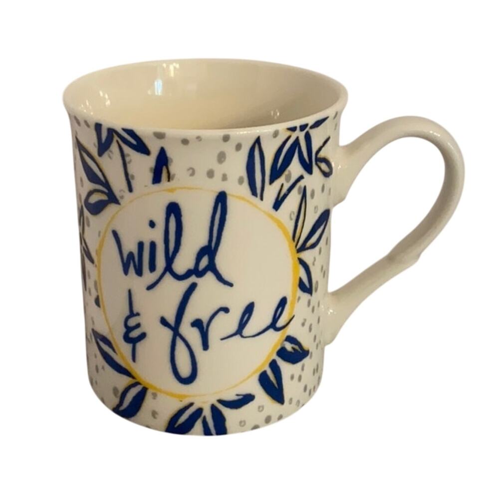Wild & free coffee tea mug blue white yellow ceramic Patina Vie Novelty cup